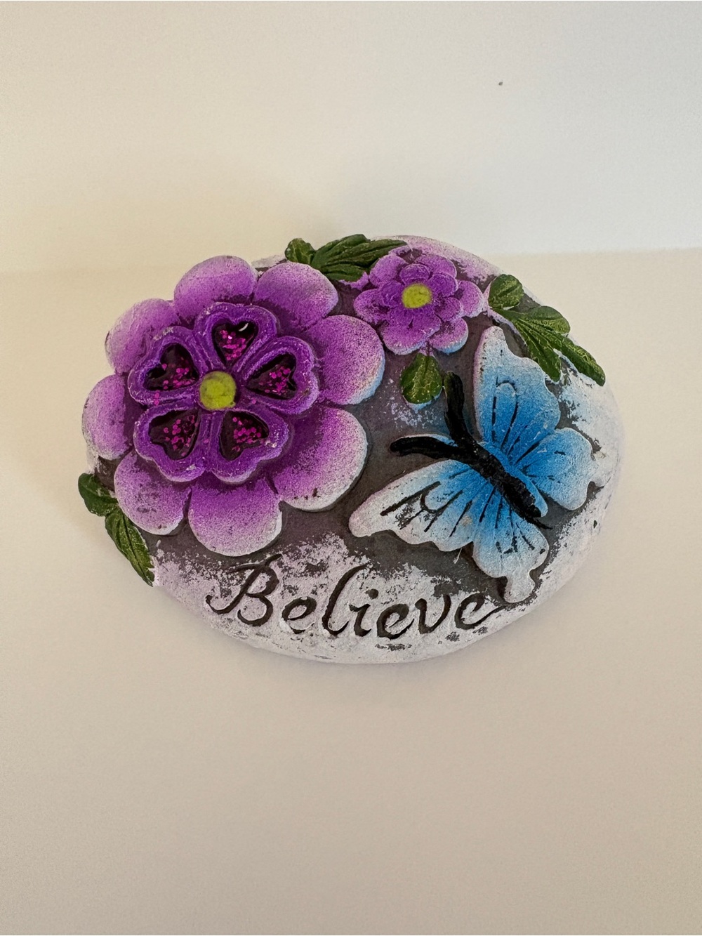 Charming Decorative Accent Stone Believe Flowers Butterfly Purple Blue Cement